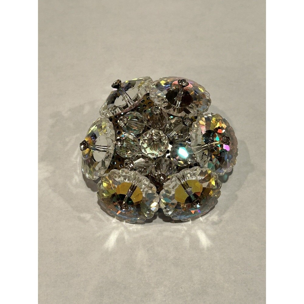 Vtg Clear AB Scalloped Margarita Crystal Rhinestone Tipped Cluster Pin B…